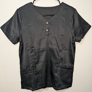 2PC Women's Black Short Sleeve Button-Up Scrub Top Size Medium